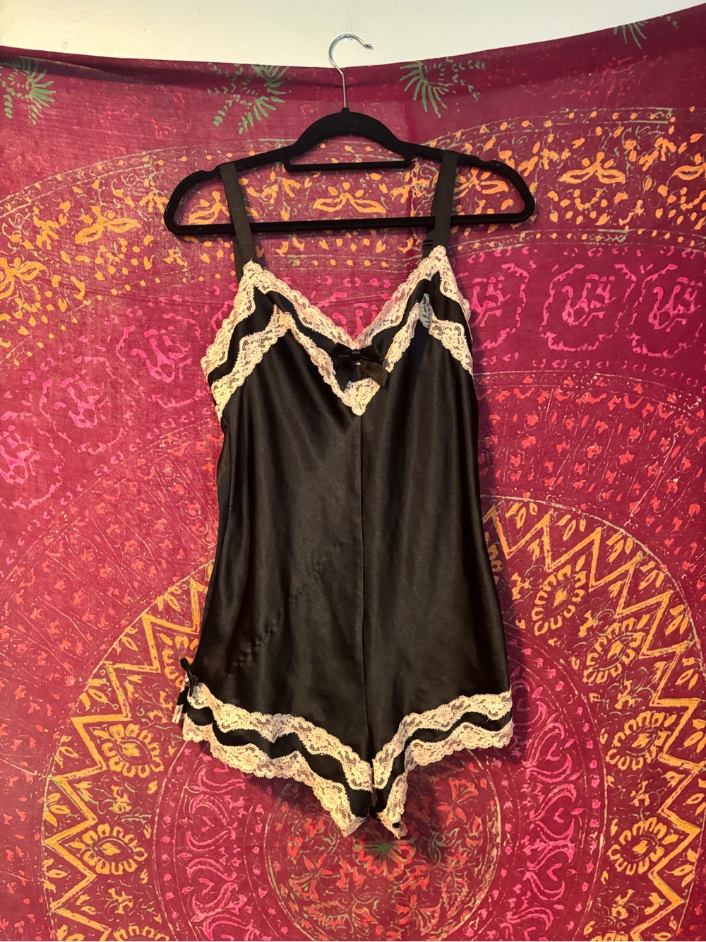Vintage Victoria's Secret Black Satin Like Romper with Cream Lace Trim